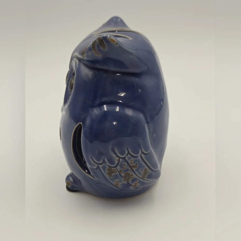 Owl Luminary Candle Votive‎ MCM Stoneware Pottery Blue Decor Cut Outs 5